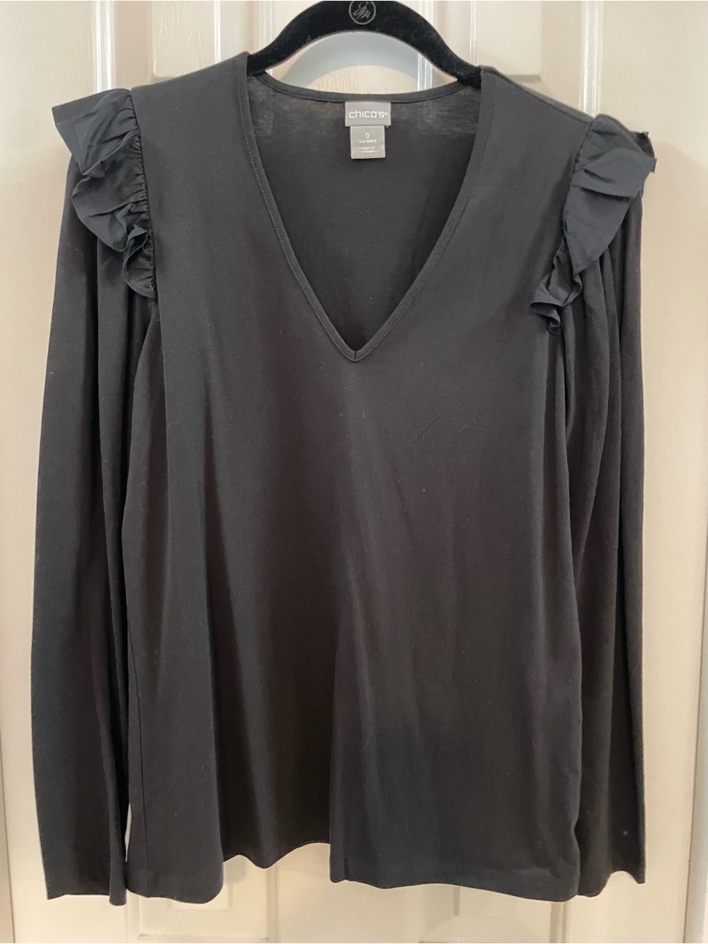 Chico's Black V-Neck Long-Sleeve Top with Ruffle Shoulders
